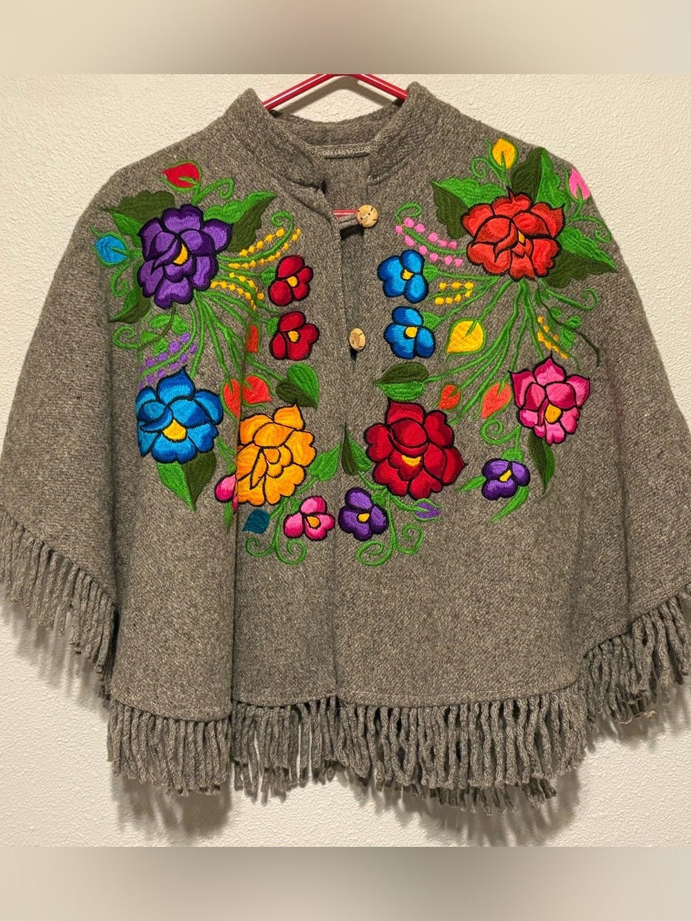 Gray Poncho Cape with Colorful Embroidered Floral Design. Artisan Folk Art